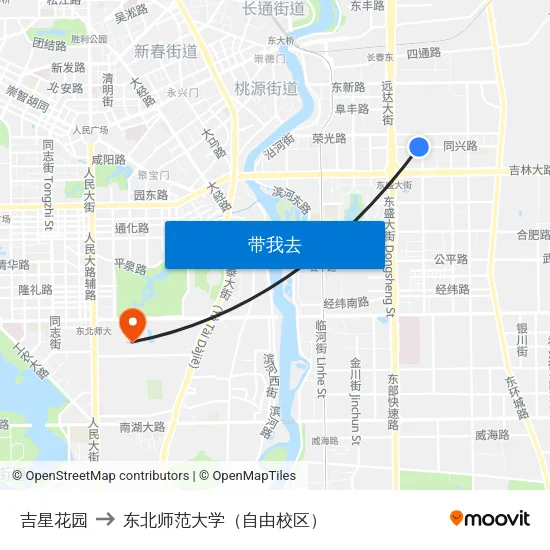 吉星花园 to 东北师范大学（自由校区） map