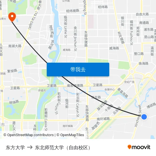 东方大学 to 东北师范大学（自由校区） map