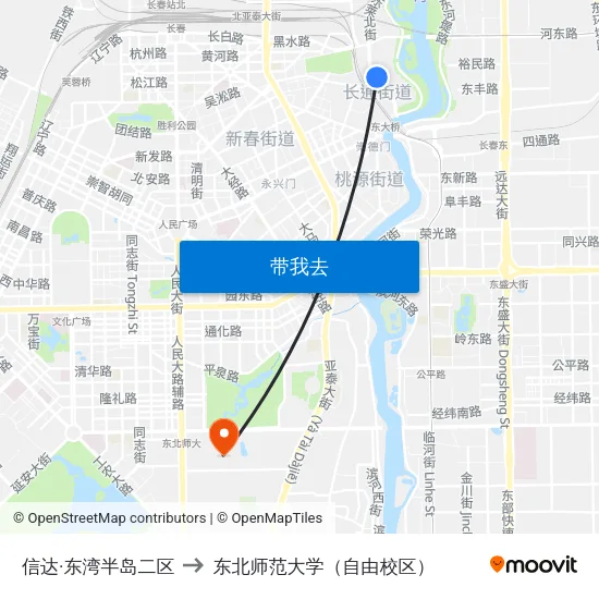 信达·东湾半岛二区 to 东北师范大学（自由校区） map