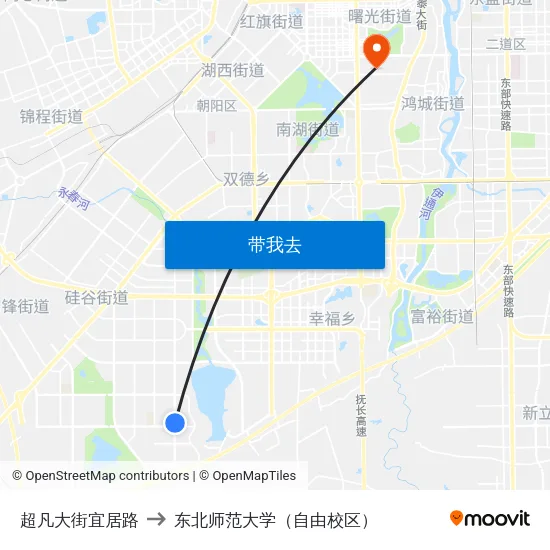 超凡大街宜居路 to 东北师范大学（自由校区） map