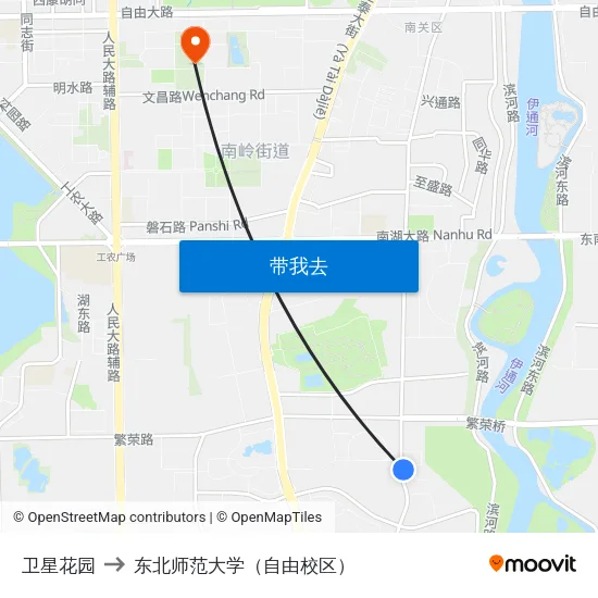 卫星花园 to 东北师范大学（自由校区） map