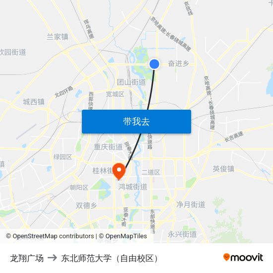 龙翔广场 to 东北师范大学（自由校区） map