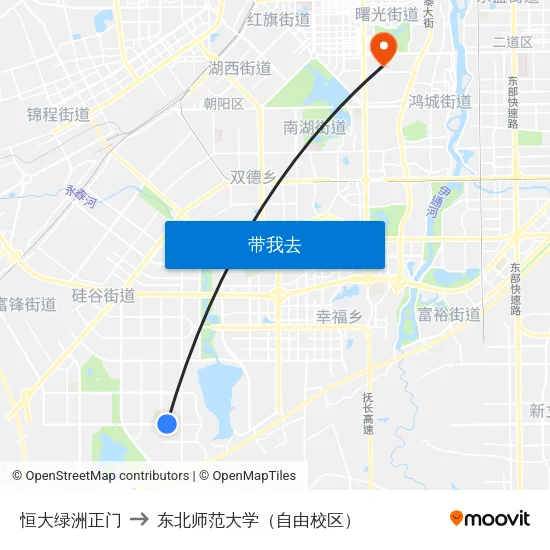 恒大绿洲正门 to 东北师范大学（自由校区） map