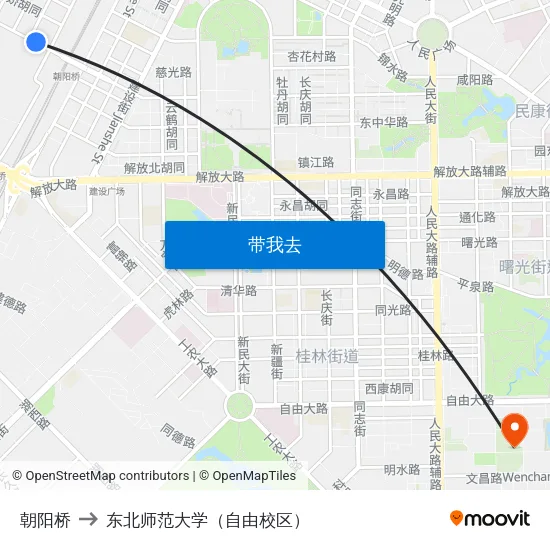 朝阳桥 to 东北师范大学（自由校区） map