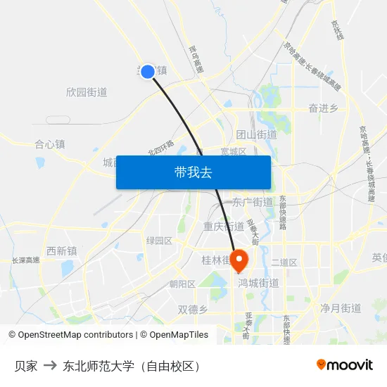 贝家 to 东北师范大学（自由校区） map