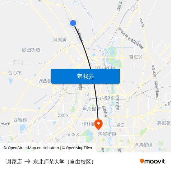 谢家店 to 东北师范大学（自由校区） map