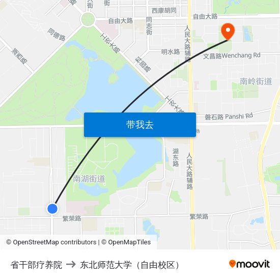 省干部疗养院 to 东北师范大学（自由校区） map