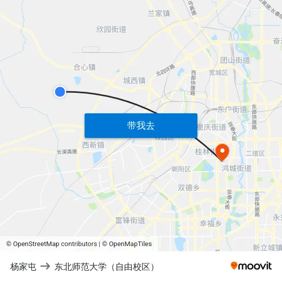 杨家屯 to 东北师范大学（自由校区） map