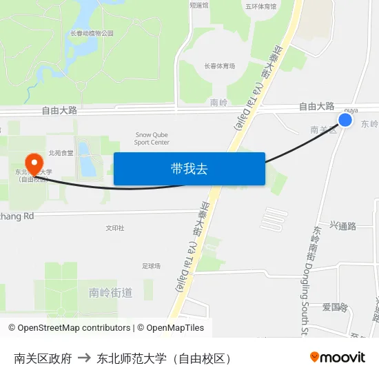 南关区政府 to 东北师范大学（自由校区） map