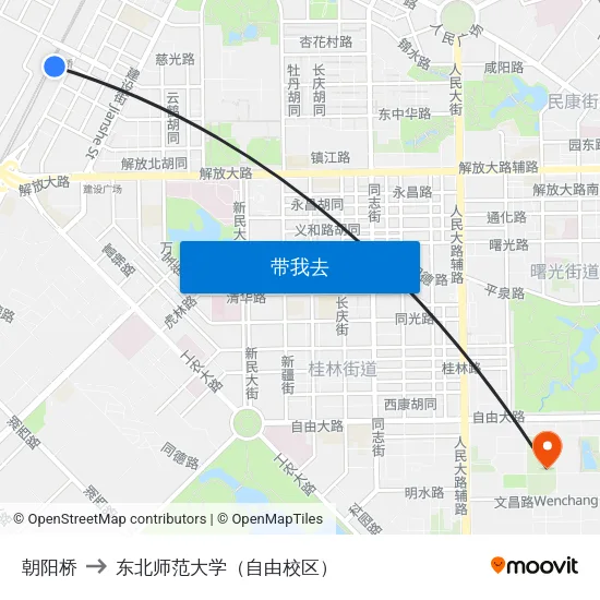 朝阳桥 to 东北师范大学（自由校区） map