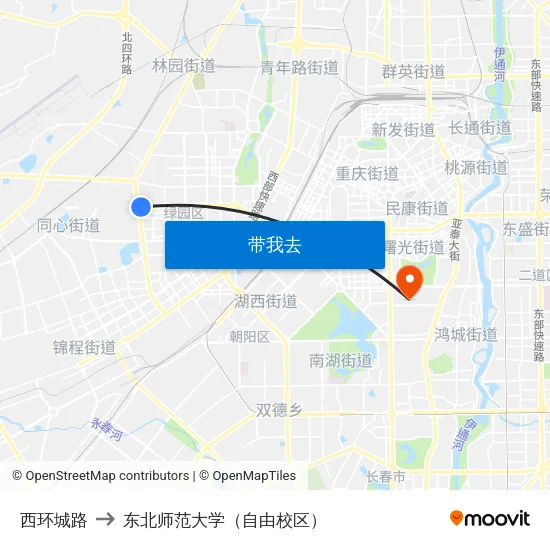 西环城路 to 东北师范大学（自由校区） map