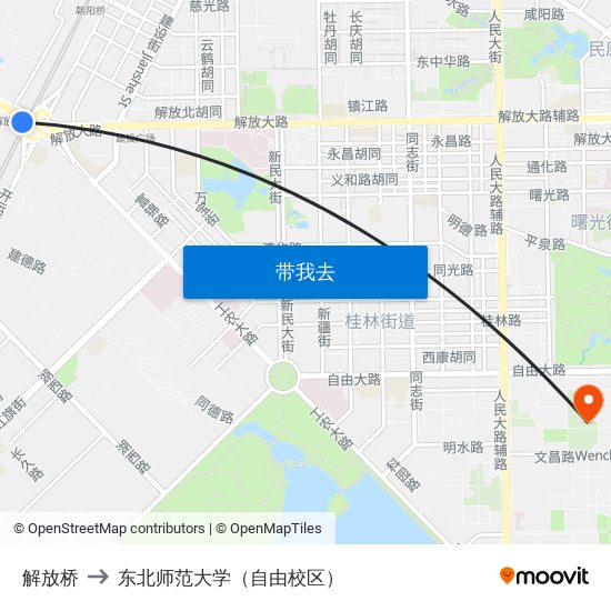 解放桥 to 东北师范大学（自由校区） map