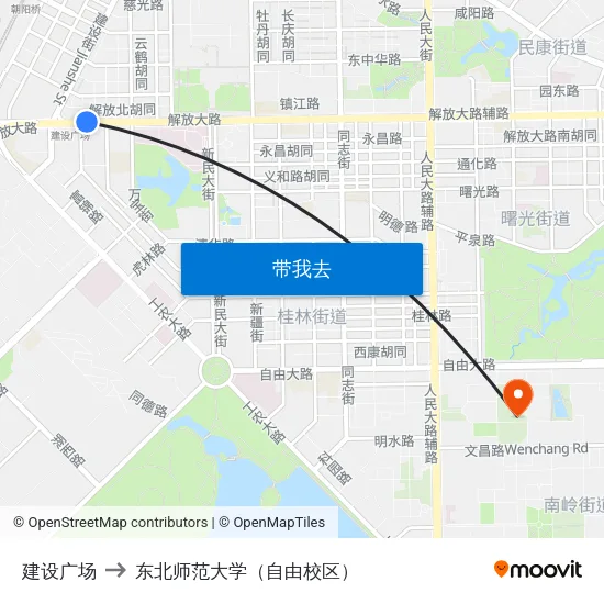 建设广场 to 东北师范大学（自由校区） map