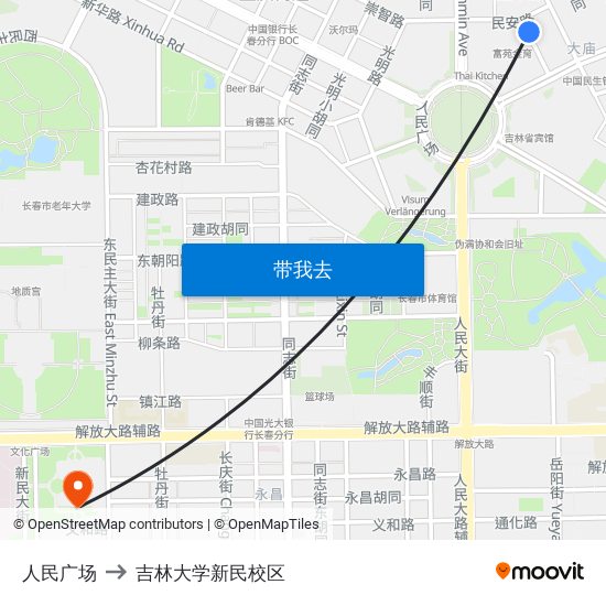 人民广场 to 吉林大学新民校区 map