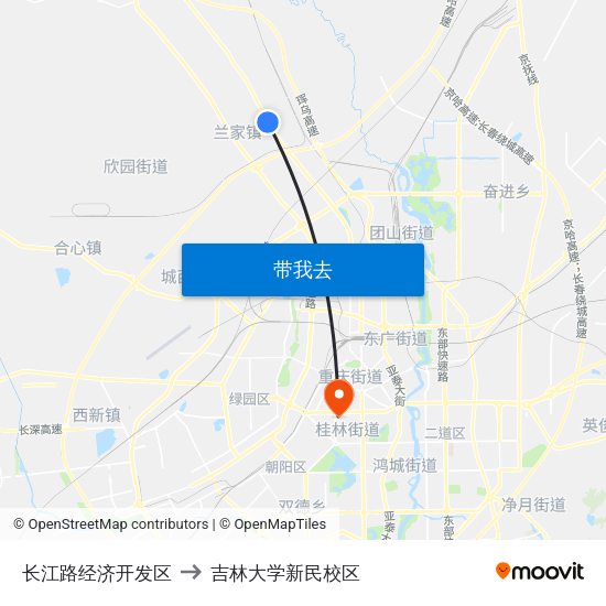 长江路经济开发区 to 吉林大学新民校区 map