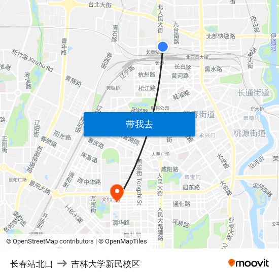 长春站北口 to 吉林大学新民校区 map