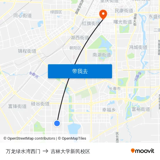 万龙绿水湾西门 to 吉林大学新民校区 map