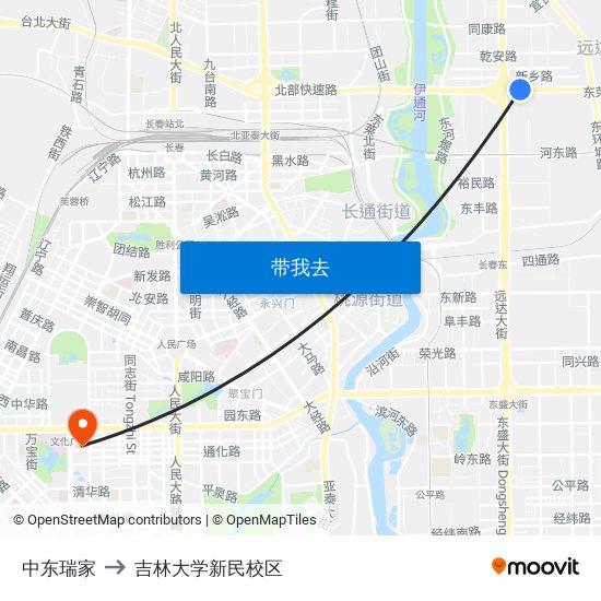 中东瑞家 to 吉林大学新民校区 map