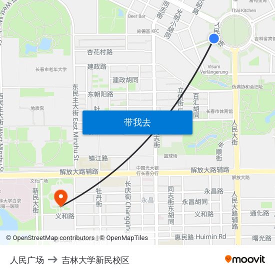 人民广场 to 吉林大学新民校区 map