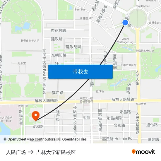 人民广场 to 吉林大学新民校区 map