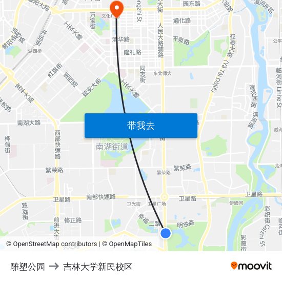 雕塑公园 to 吉林大学新民校区 map