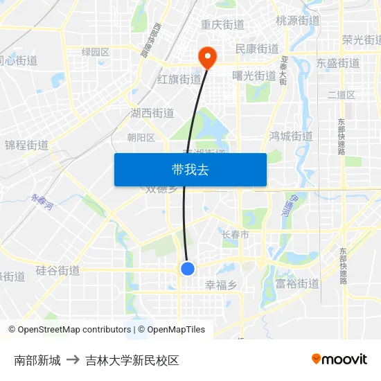 南部新城 to 吉林大学新民校区 map