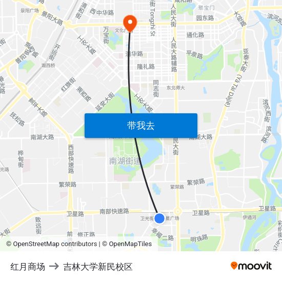 红月商场 to 吉林大学新民校区 map