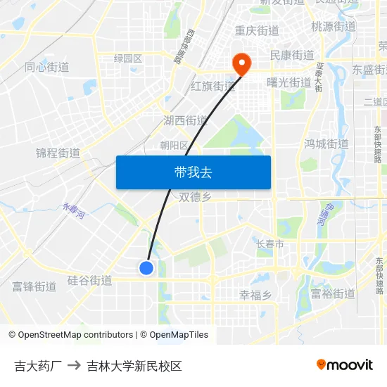 吉大药厂 to 吉林大学新民校区 map