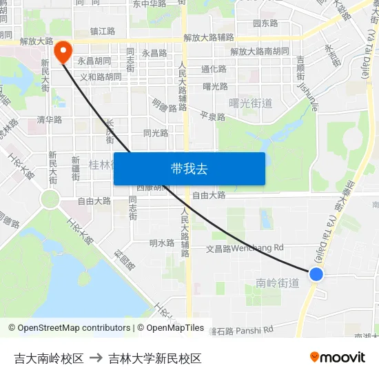 吉大南岭校区 to 吉林大学新民校区 map