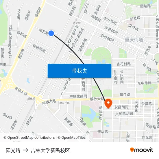 阳光路 to 吉林大学新民校区 map