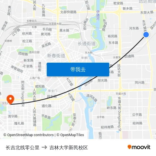 长吉北线零公里 to 吉林大学新民校区 map