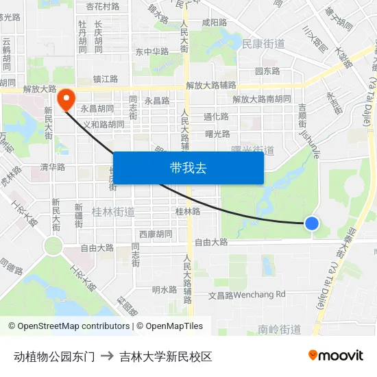 动植物公园东门 to 吉林大学新民校区 map