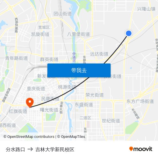 分水路口 to 吉林大学新民校区 map