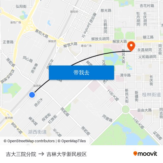 吉大三院分院 to 吉林大学新民校区 map