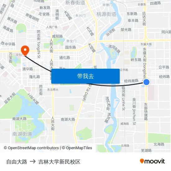 自由大路 to 吉林大学新民校区 map