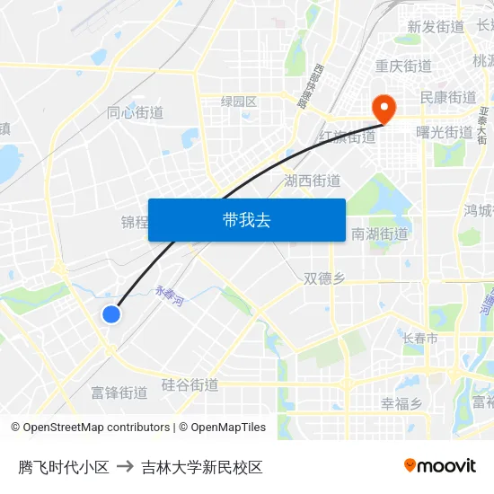 腾飞时代小区 to 吉林大学新民校区 map