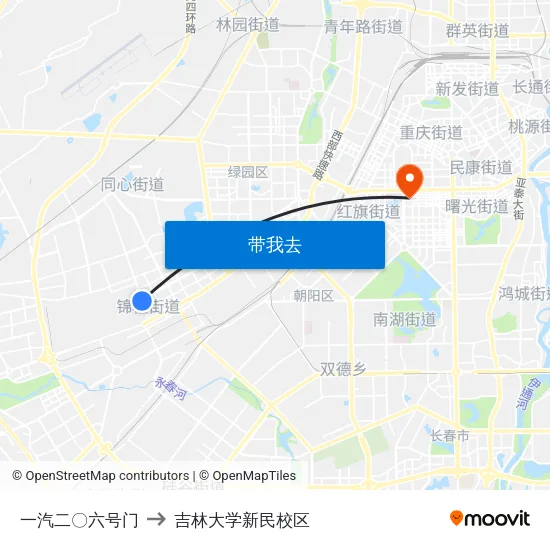 一汽二〇六号门 to 吉林大学新民校区 map