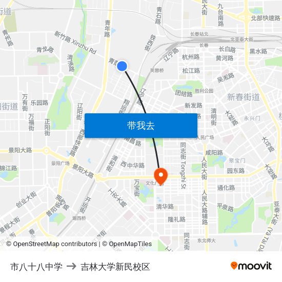 市八十八中学 to 吉林大学新民校区 map
