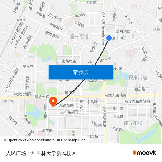 人民广场 to 吉林大学新民校区 map
