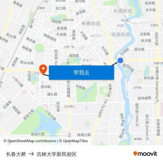 长春大桥 to 吉林大学新民校区 map