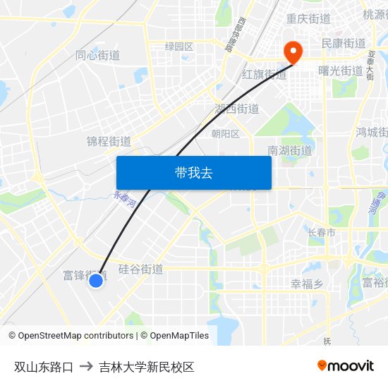 双山东路口 to 吉林大学新民校区 map