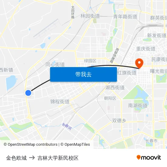 金色欧城 to 吉林大学新民校区 map