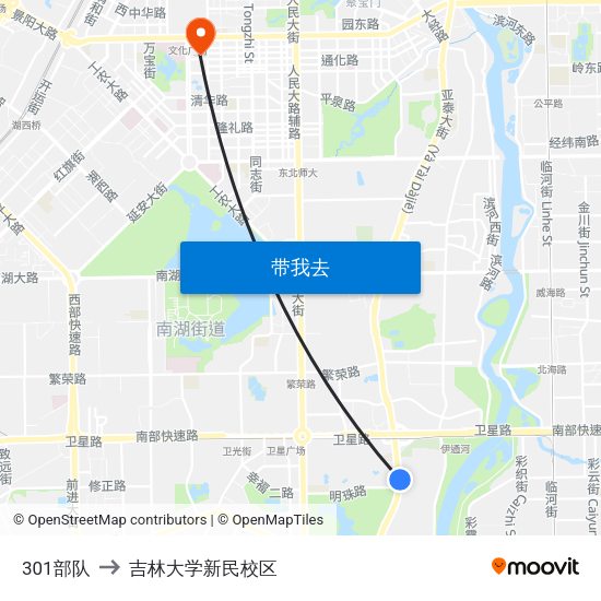 301部队 to 吉林大学新民校区 map