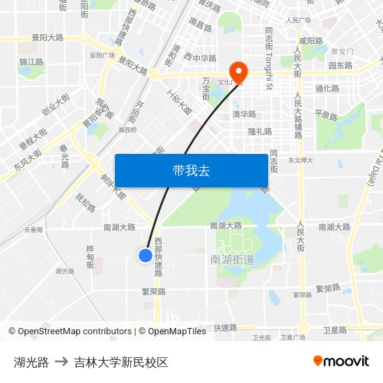 湖光路 to 吉林大学新民校区 map