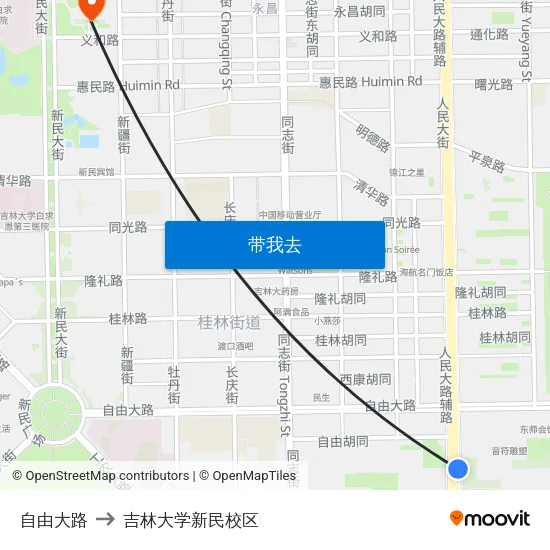 自由大路 to 吉林大学新民校区 map