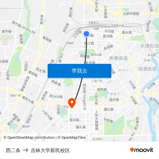 西二条 to 吉林大学新民校区 map