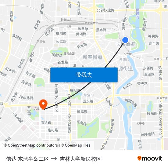 信达·东湾半岛二区 to 吉林大学新民校区 map