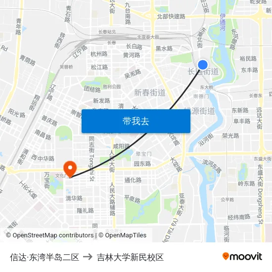 信达·东湾半岛二区 to 吉林大学新民校区 map