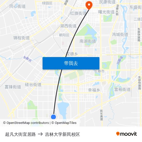 超凡大街宜居路 to 吉林大学新民校区 map