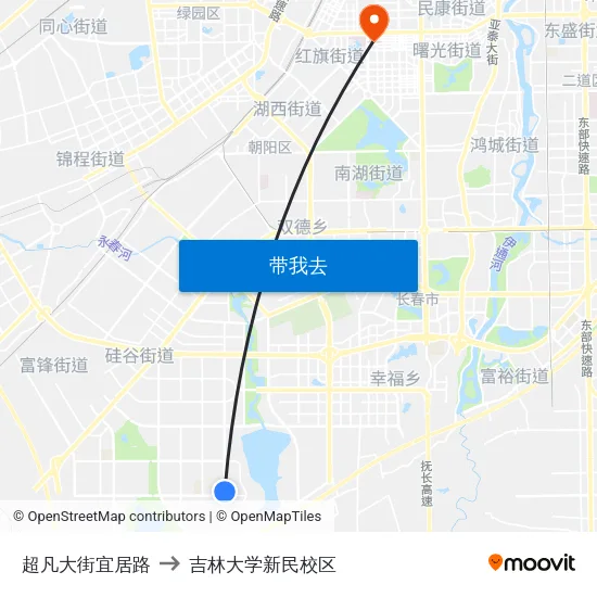 超凡大街宜居路 to 吉林大学新民校区 map